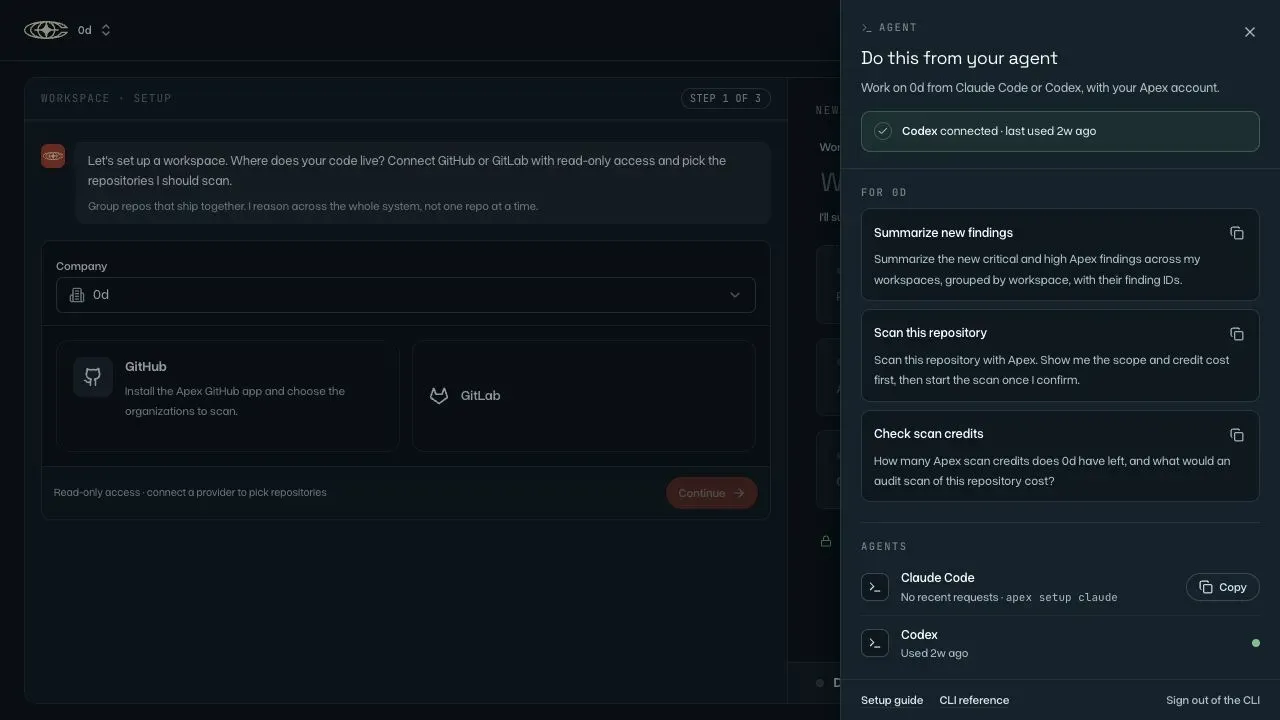 Apex’s coding-agent connection panel with Codex connected and prompts to summarize findings, scan a repository and check scan credits.