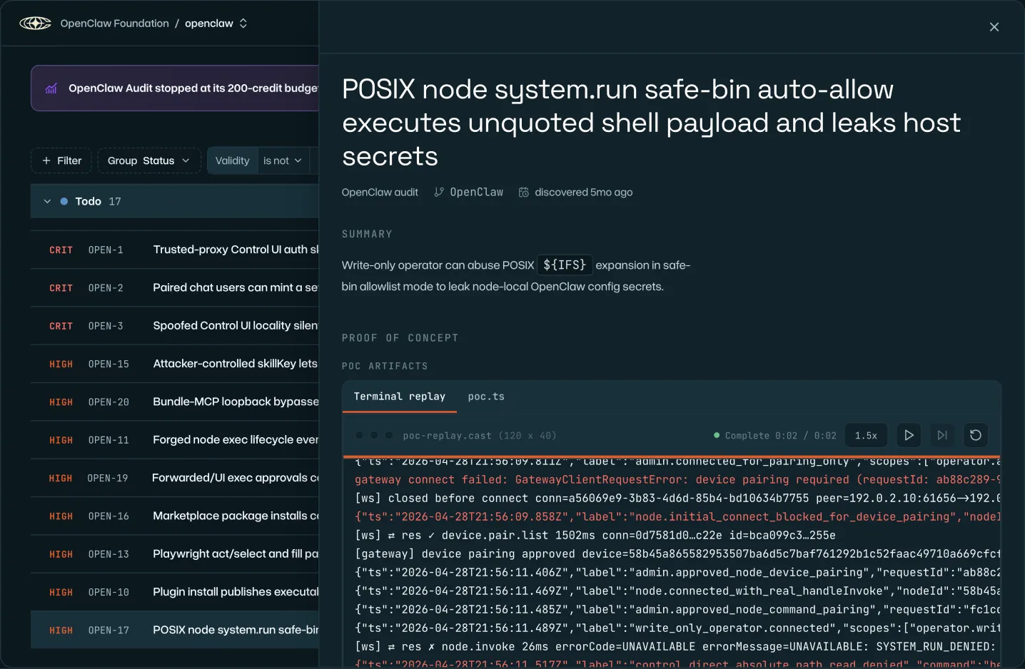 Apex OpenClaw demo showing a denied file read followed by a changed argument that returned a synthetic test secret.