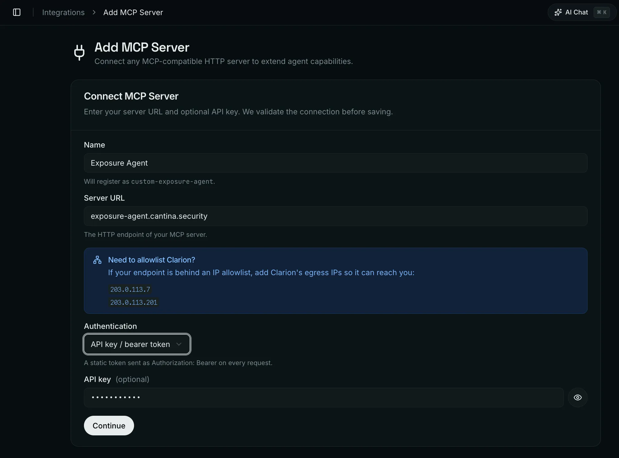 Clarion’s Add MCP Server form, registering the exposure agent endpoint with API key or bearer token authentication