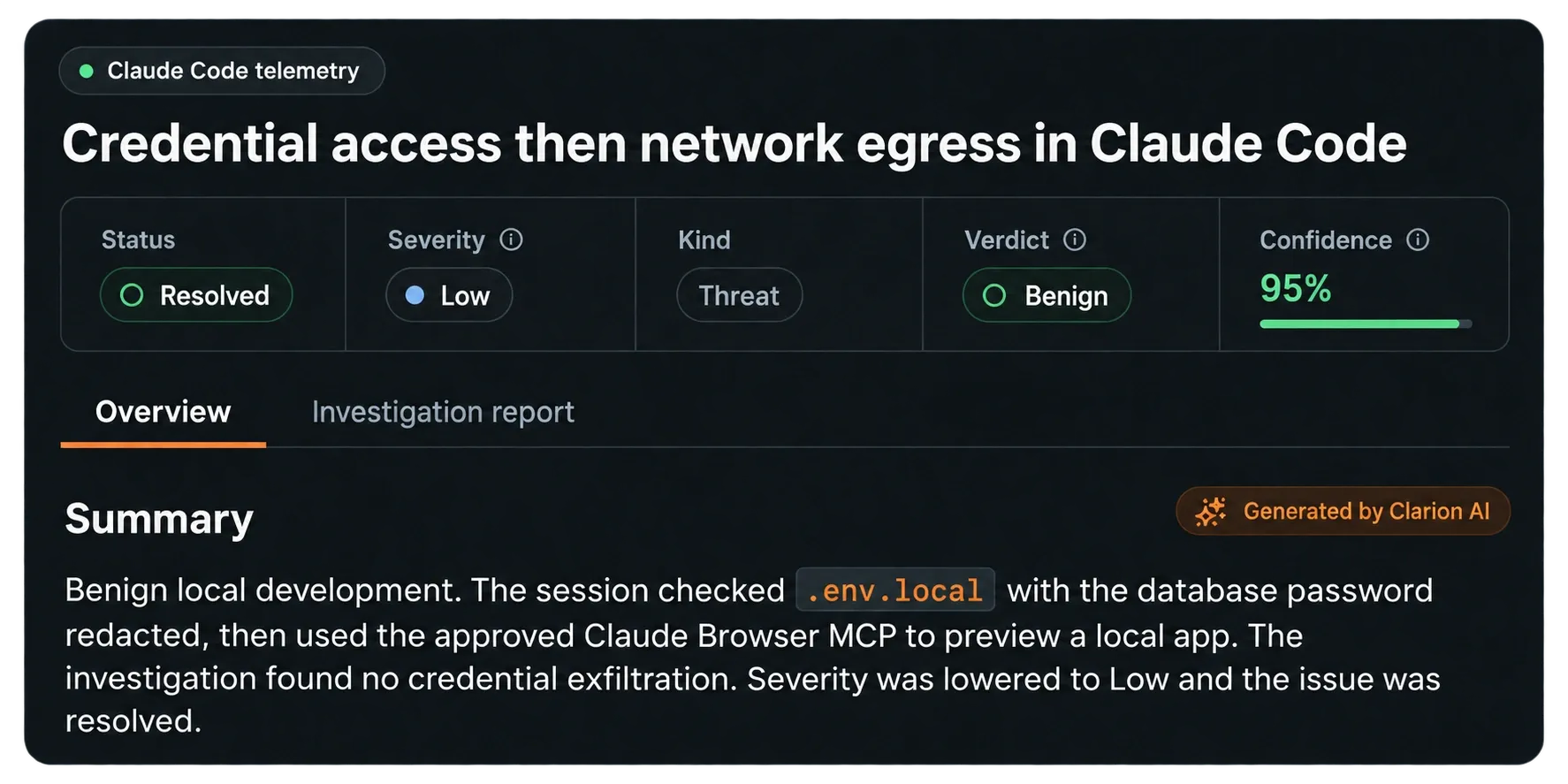 Recreated Clarion issue overview showing credential access followed by network activity, resolved as benign local development.