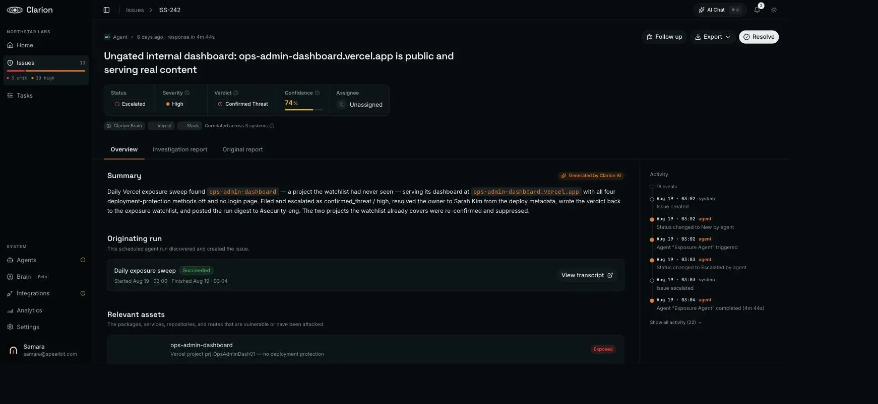 Clarion issue view showing a confirmed publicly exposed Vercel dashboard found by a scheduled exposure sweep.