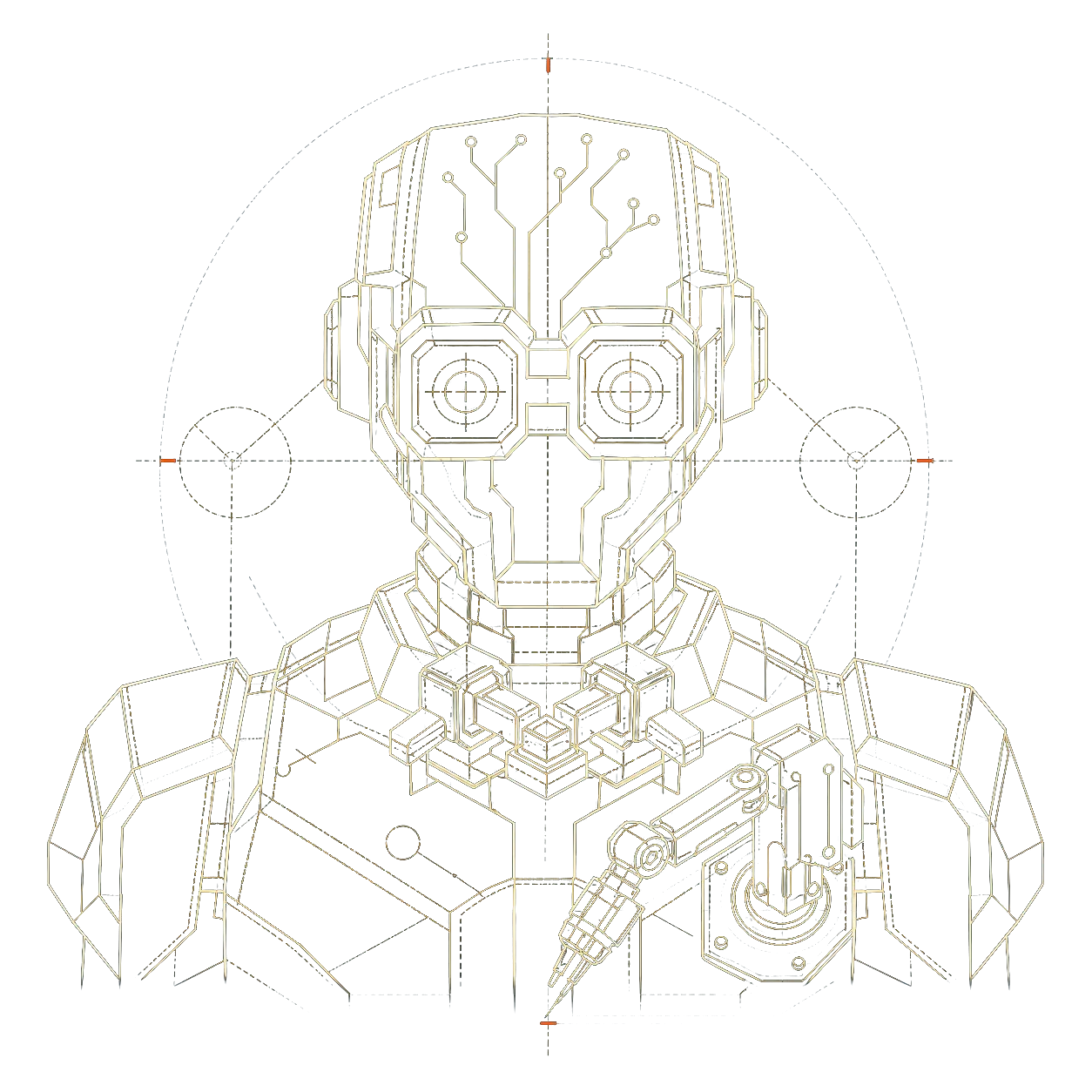 Upper-torso blueprint drawing representing the Code and Supply Chain agent