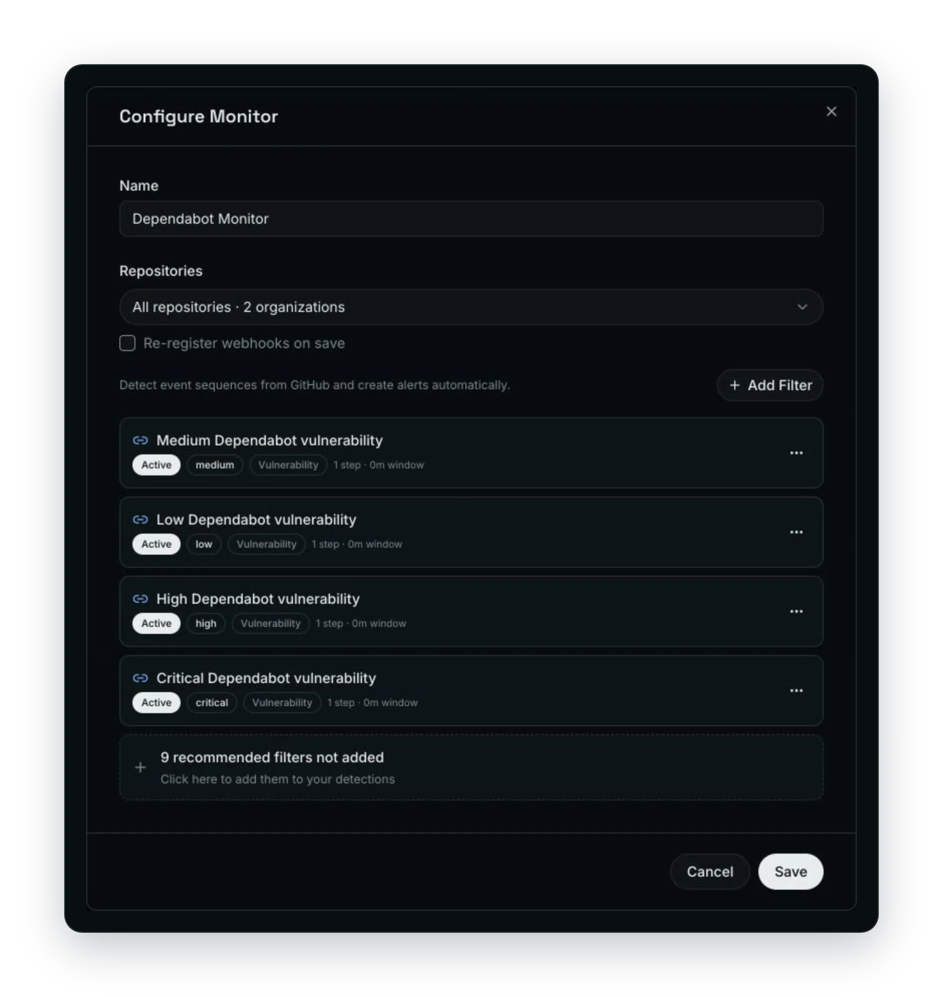 Clarion Dependabot monitor configuration with repository selection and active filters for low, medium, high, and critical vulnerabilities.