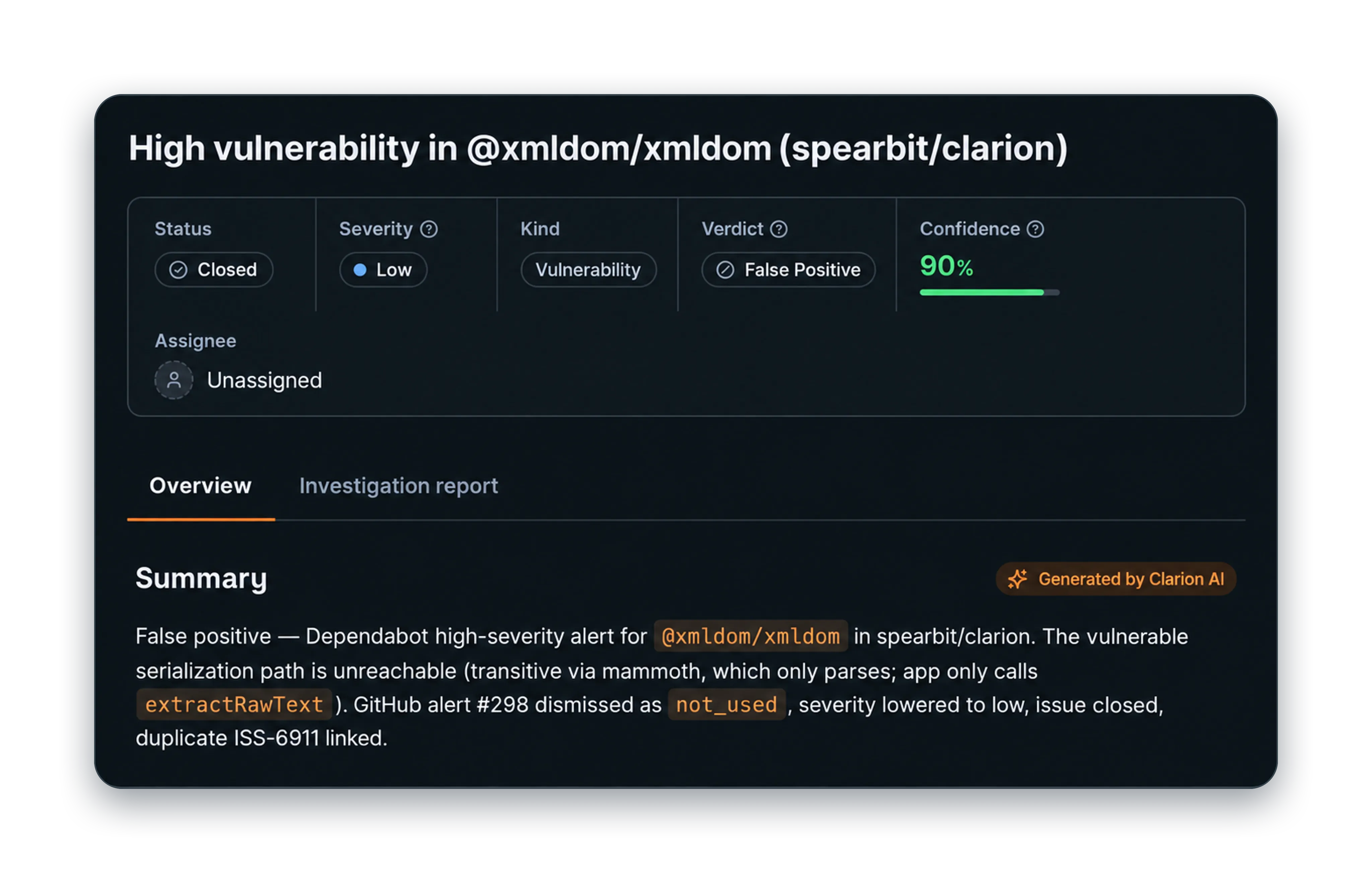 Clarion closes an xmldom Dependabot alert as a false positive after finding the vulnerable serialization path unreachable in the application.