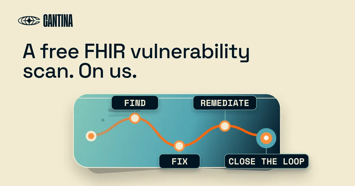 Cantina FHIR vulnerability scan workflow showing Find, Fix, Remediate, and Close the Loop before January 2027.