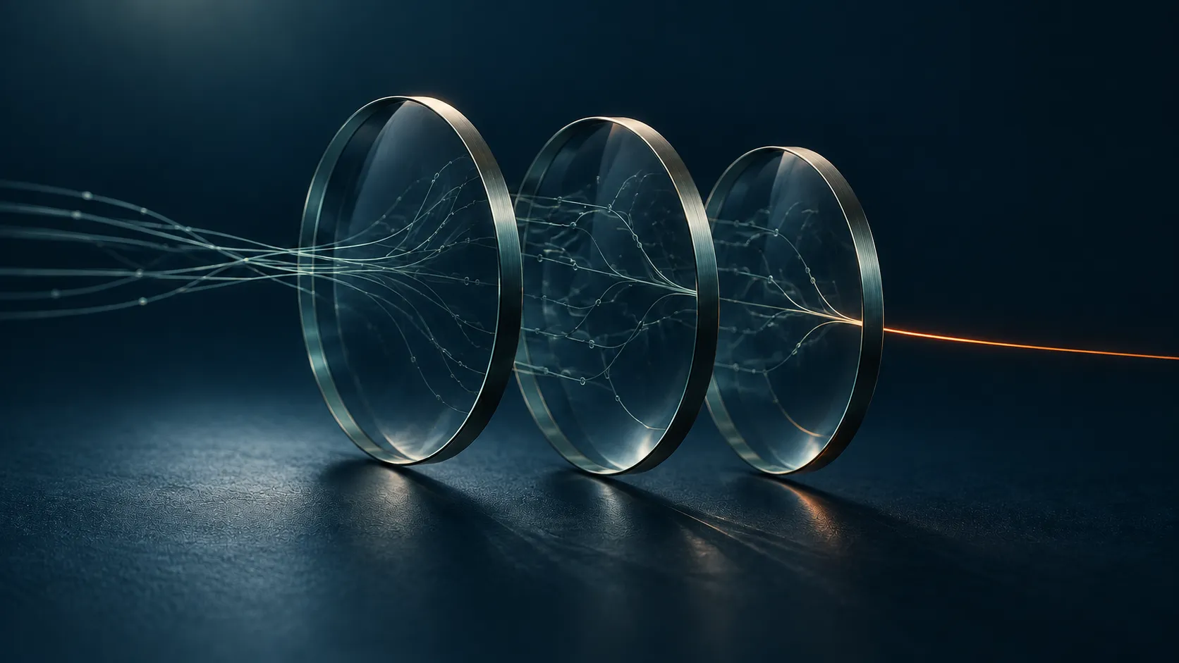 Branching light paths pass through three transparent lenses and converge into a single orange beam.