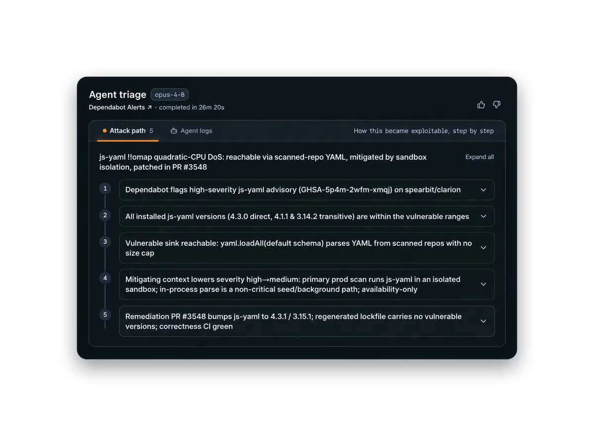 Clarion’s five-step js-yaml assessment connects repository reachability, production sandbox isolation, and a remediation pull request.
