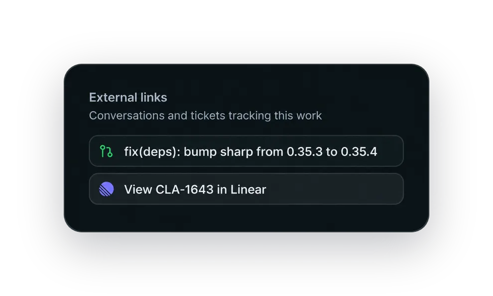Clarion links a dependency-remediation pull request with its corresponding Linear tracking ticket.