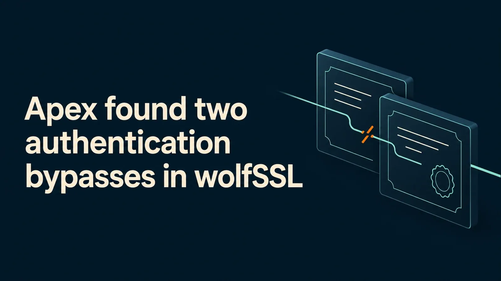 Apex found two authentication bypasses in wolfSSL. Two certificate panels illustrate a break in certificate validation.