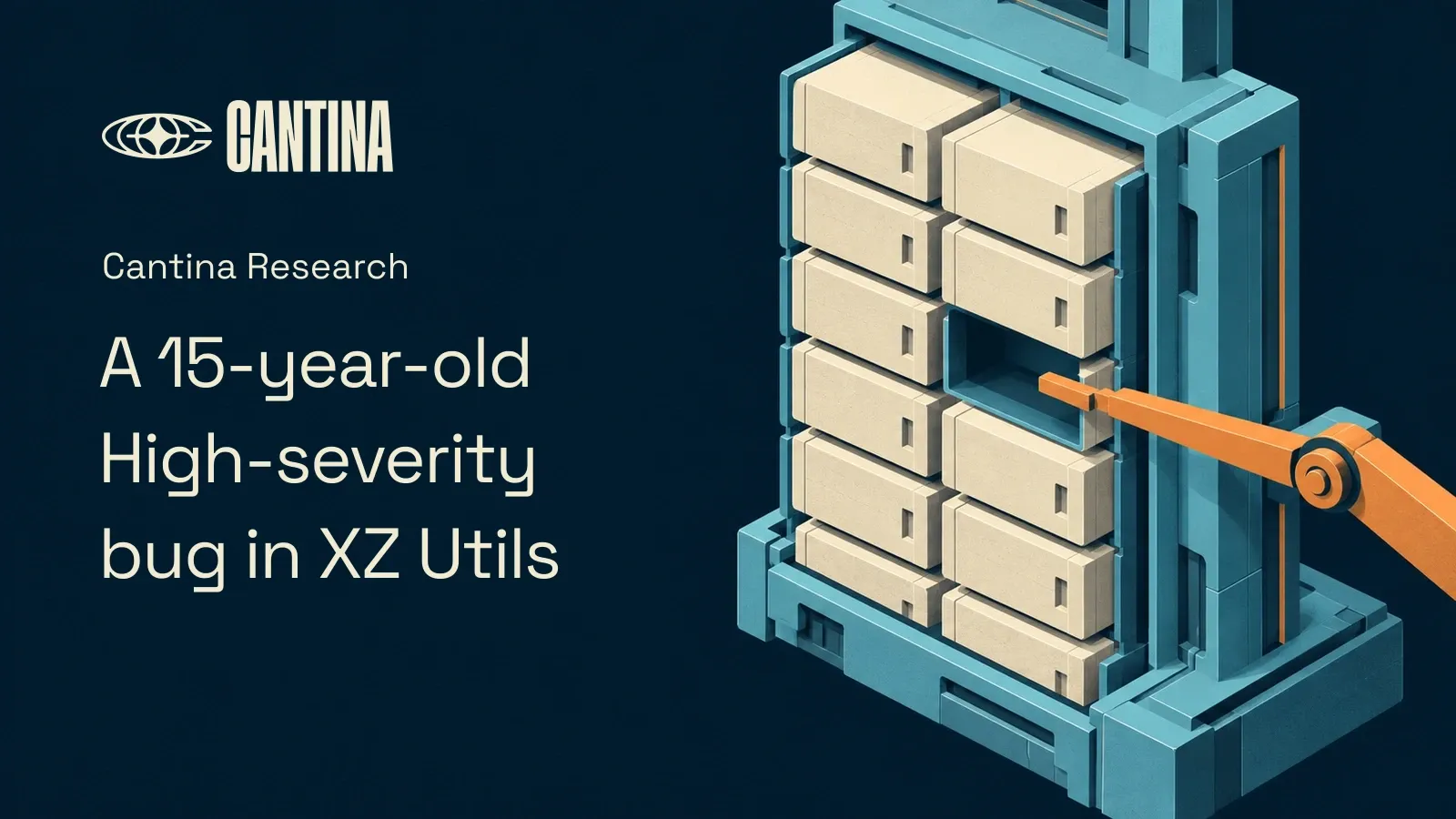 A 15-year-old, High-severity bug in XZ Utils. An orange pointer reaches into an empty memory slot in a reusable decoder.